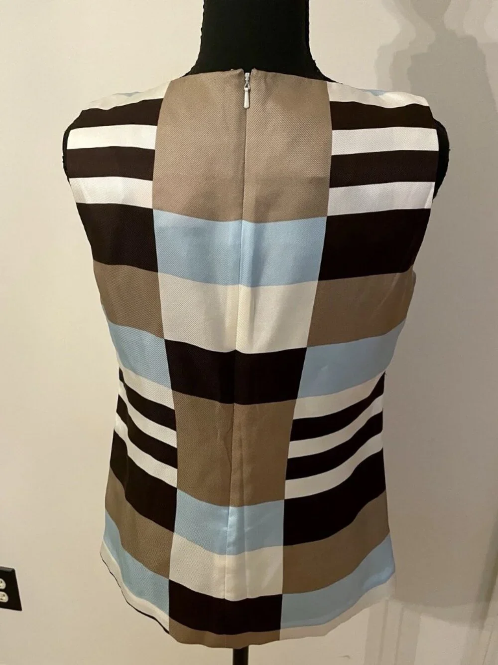 Tory Burch 100% Silk Blouse Sleeveless Blue Brown Luxury Designer Top Stripe, 4